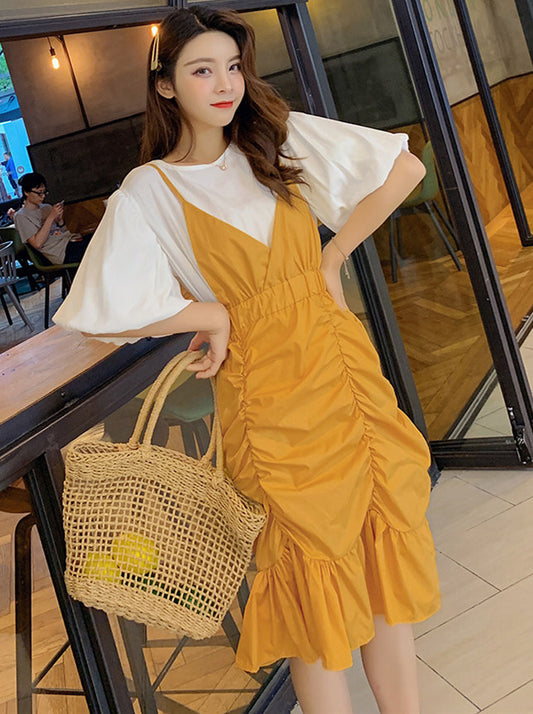 CM-SF062416 Women Seoul Style Loosen Flare Sleeve Top With Yellow Pleated Straps Dress - Set