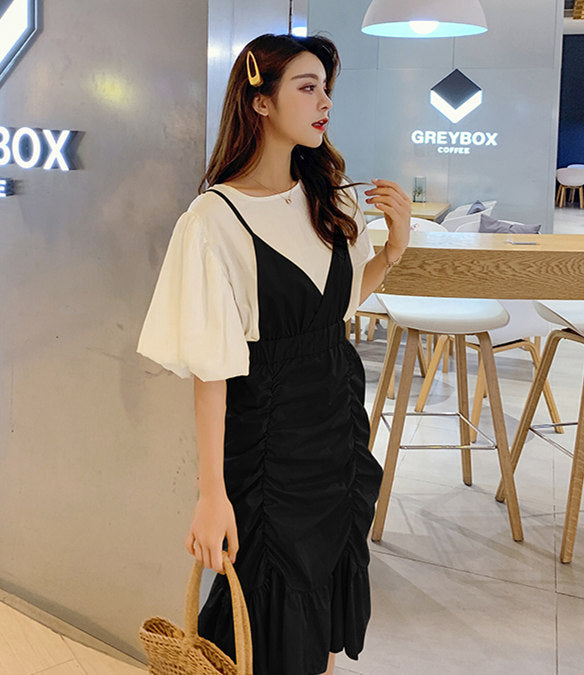 CM-SF062416 Women Seoul Style Loosen Flare Sleeve Top With Black Pleated Straps Dress - Set