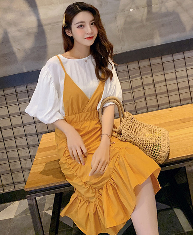 CM-SF062416 Women Seoul Style Loosen Flare Sleeve Top With Yellow Pleated Straps Dress - Set