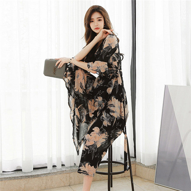 CM-DF062424 Women Casual Seoul Style Tie Waist Floral Flare Sleeve Long Dress