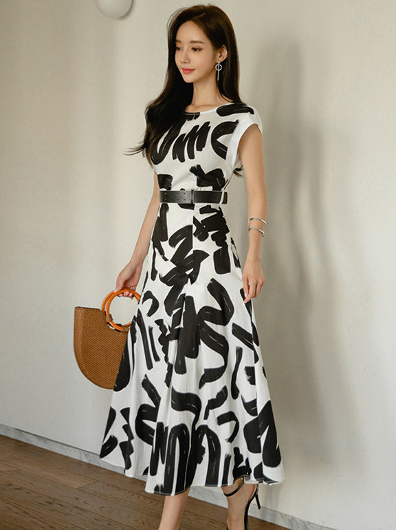 CM-DF062425 Women Casual Seoul Style Sleeveless High Waist Printings Tank Long Dress