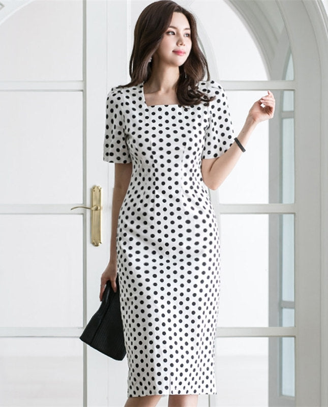 CM-DF062428 Women Casual Seoul Style Square Collar Dots Short Sleeve Bodycon Dress