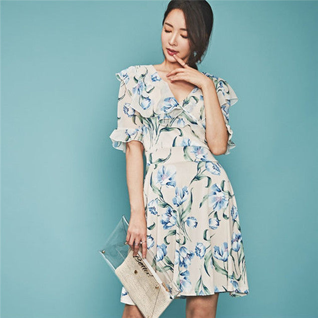 CM-DF062430 Women Charming Summer Seoul Style V-Neck Floral Short Sleeve Dress