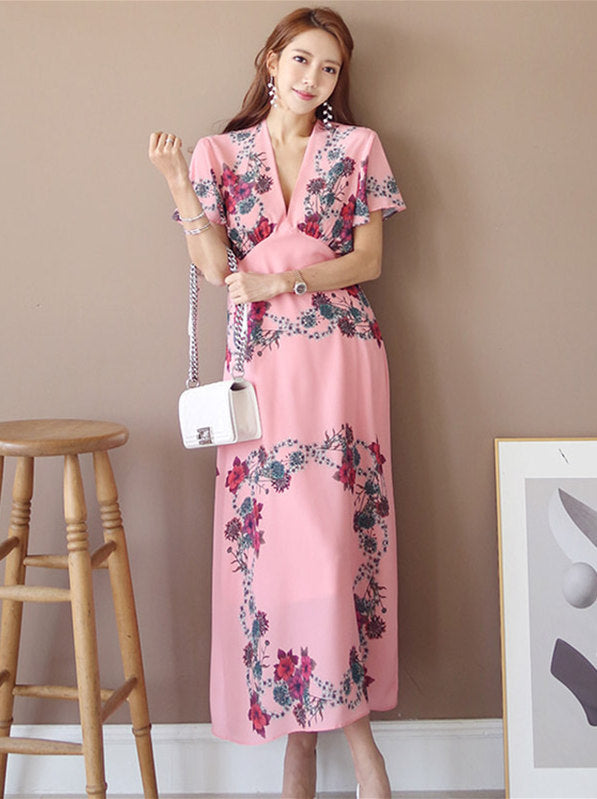 CM-DF062529 Women Charming Seoul Style High Waist V-Neck Floral Maxi Dress - Pink