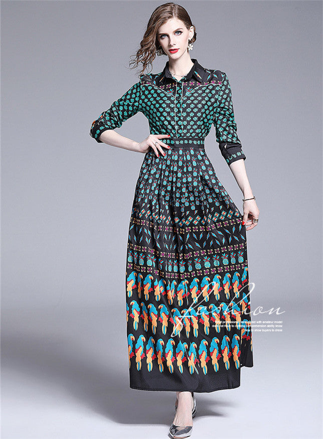 CM-DF062715 Women Retro European Style High Waist Mini Floral Long Sleeve Maxi Dress
