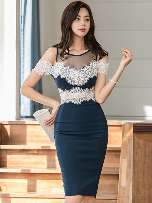 CM-DF062731 Women Elegant Seoul Style Off Shoulder Lace Splicing Bodycon Dress - Blue