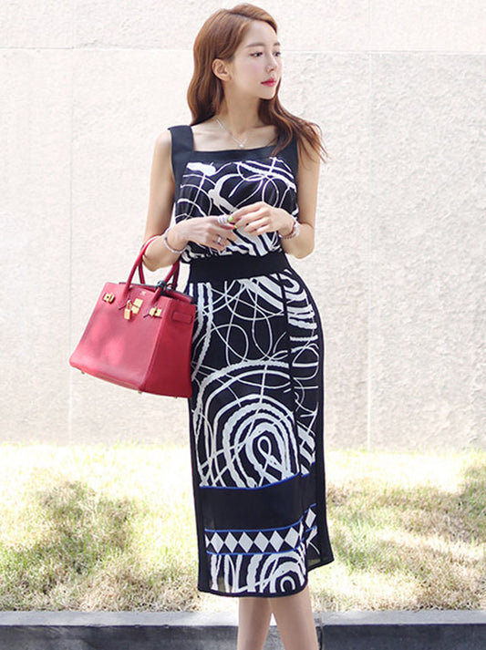 CM-SF062929 Women Casual Seoul Style Square Collar Printings Top With Slim Midi Skirt - Set