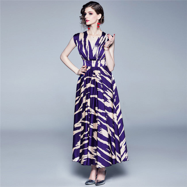 CM-DF070125 Women Elegant European Style High Waist Sleeveless V-Neck Maxi Dress