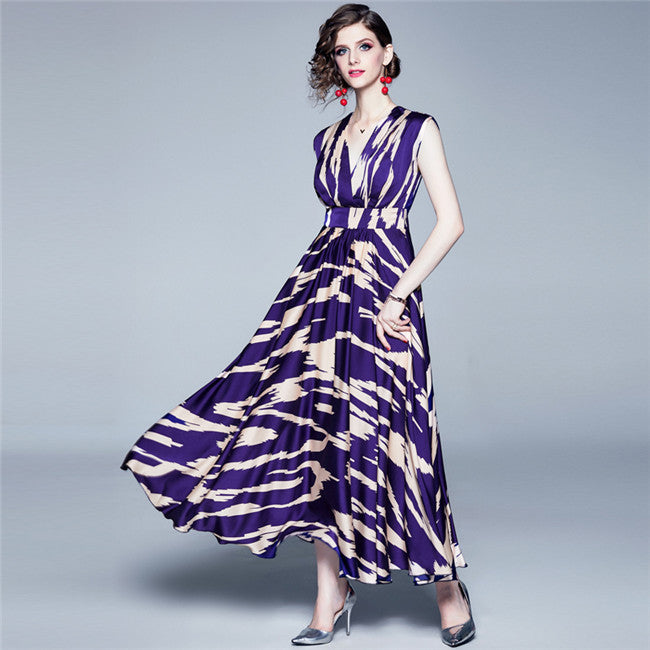CM-DF070125 Women Elegant European Style High Waist Sleeveless V-Neck Maxi Dress