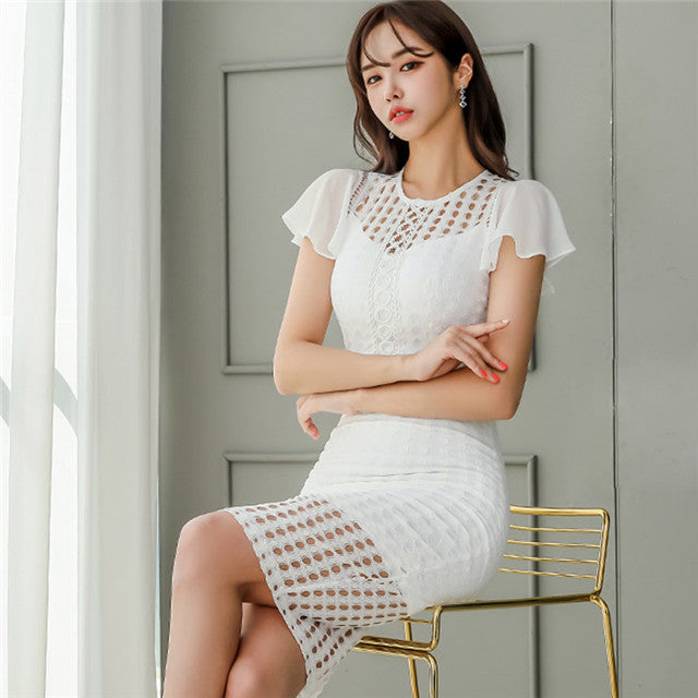 CM-DF070306 Women Elegant Seoul Style Round Neck Hollow Out Bodycon Dress - White