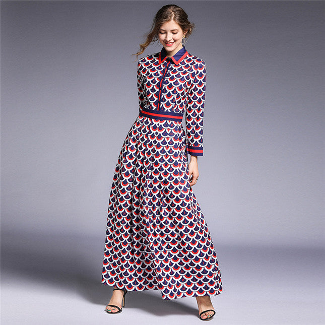 CM-DF070401 Women Retro European Style Shirt Collar Scales High Waist Maxi Dress