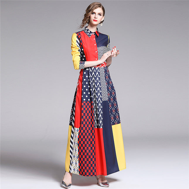 CM-DF070402 Women Elegant European Style 3/4 Sleeve High Waist Shirt Maxi Dress