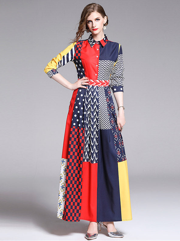CM-DF070402 Women Elegant European Style 3/4 Sleeve High Waist Shirt Maxi Dress