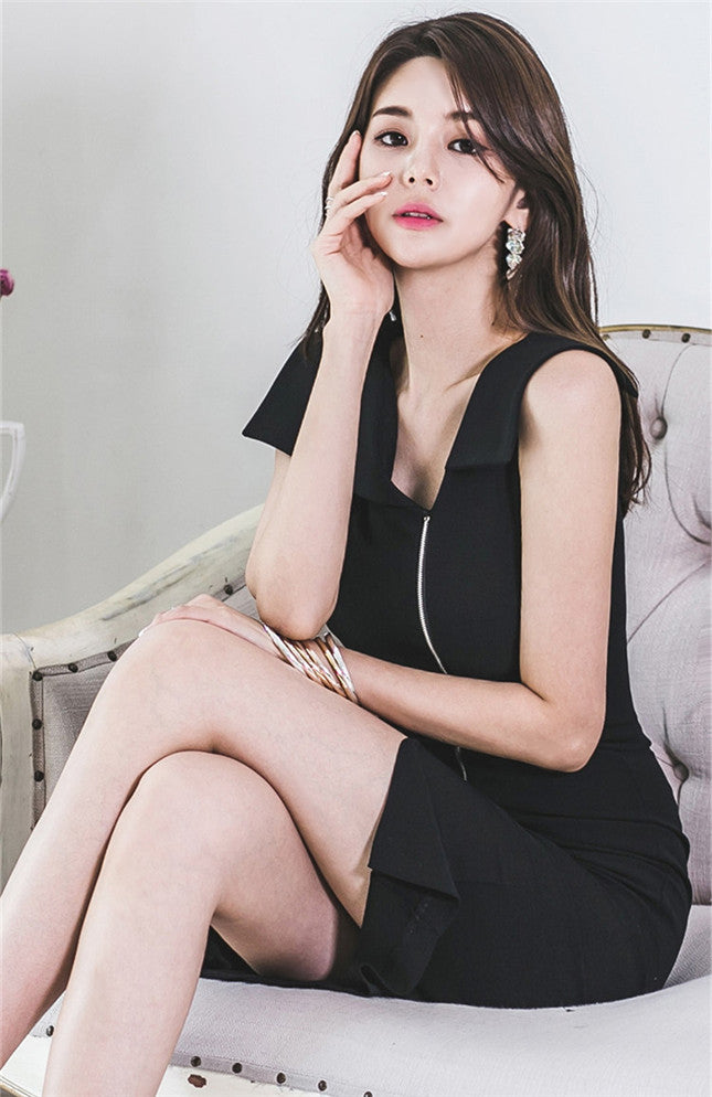 CM-DF070423 Women Elegant Seoul Style Turndown Collar Zipper Split Slim Dress - Black