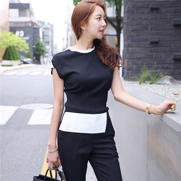 CM-SF070924 Women Casual Seoul Style Summer Knitting Top With Skinny Long Pants - Set