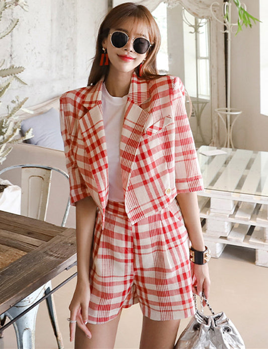 CM-SF070930 Women Trendy Seoul Style Tailored Collar Plaids Leisure Short Suits - Set