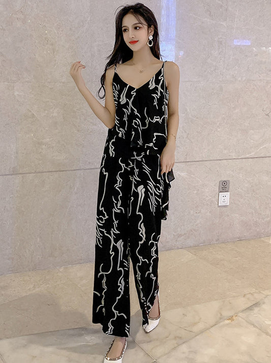 CM-SF071006 Women Casual Seoul Style Black Sleeveless Print Top With Wide-Leg Pants - Set