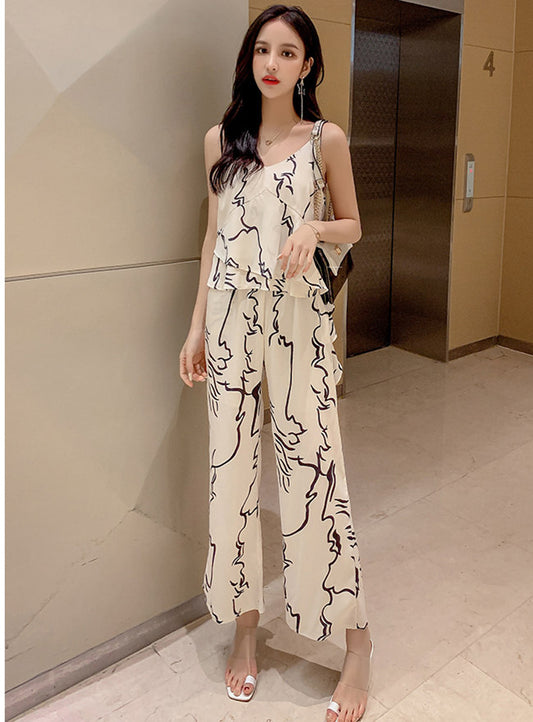 CM-SF071006 Women Casual Seoul Style Beige Sleeveless Print Top With Wide-Leg Pants - Set