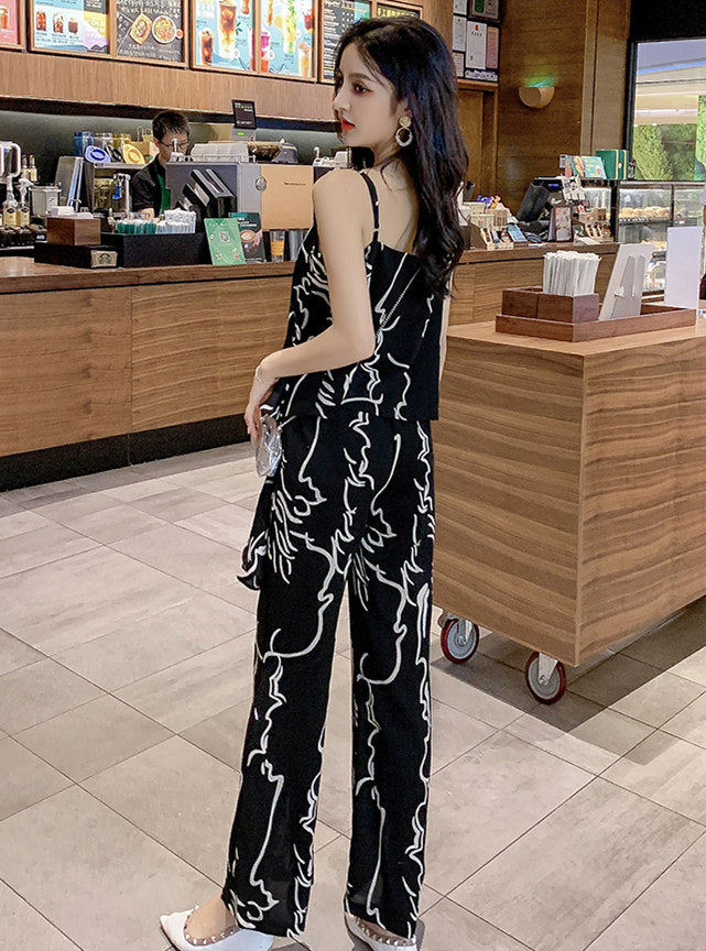 CM-SF071006 Women Casual Seoul Style Black Sleeveless Print Top With Wide-Leg Pants - Set