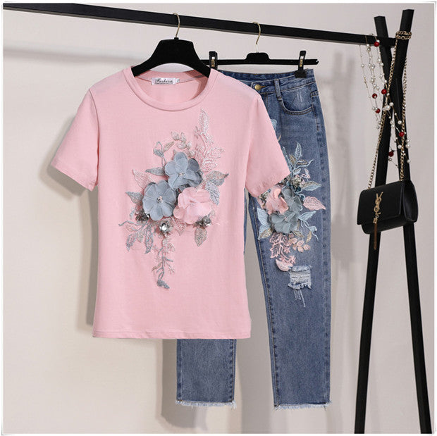 CM-SF071009 Women Casual Seoul Style Pink Floral Embroidery T-Shirt With Ninth Jeans - Set