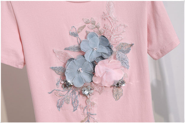 CM-SF071009 Women Casual Seoul Style Pink Floral Embroidery T-Shirt With Ninth Jeans - Set