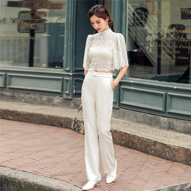 CM-SF071423 Women Elegant Seoul Style Lace Blouse With High Waist Straight Long Pants - Set