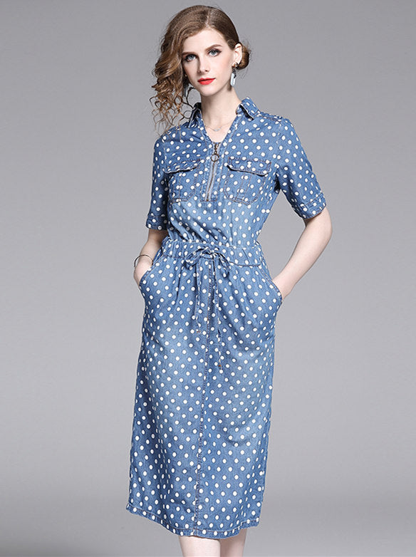 CM-DF071621 Women Trendy European Style Zipper V-Neck Tie Waist Dots Denim Dress - Blue