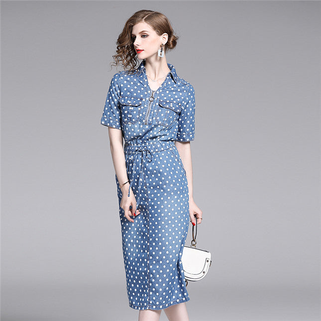 CM-DF071621 Women Trendy European Style Zipper V-Neck Tie Waist Dots Denim Dress - Blue