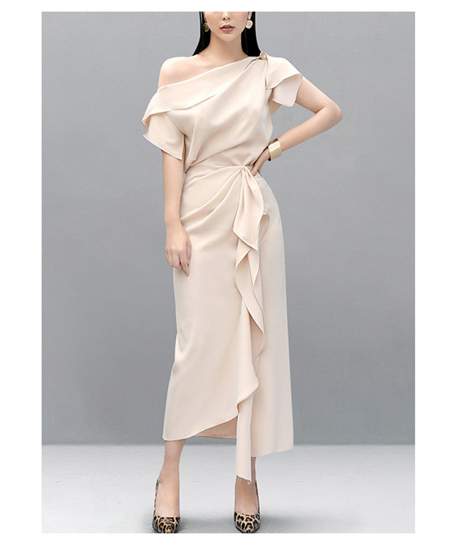 CM-SF072102 Women Elegant Seoul Style Apricot Off Shoulder Blouse With Flouncing Long Skirt - Set