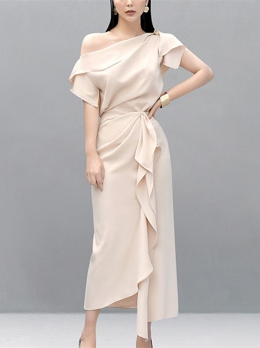 CM-SF072102 Women Elegant Seoul Style Apricot Off Shoulder Blouse With Flouncing Long Skirt - Set