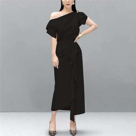 CM-SF072102 Women Elegant Seoul Style Black Off Shoulder Blouse With Flouncing Long Skirt - Set