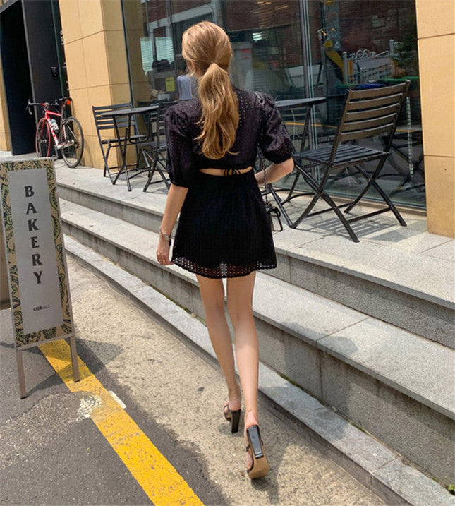 CM-DF072126 Women Casual Seoul Style Short Sleeve Hollow Out Backless Shirt Dress - Black