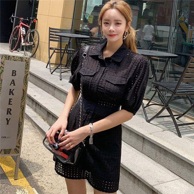 CM-DF072126 Women Casual Seoul Style Short Sleeve Hollow Out Backless Shirt Dress - Black