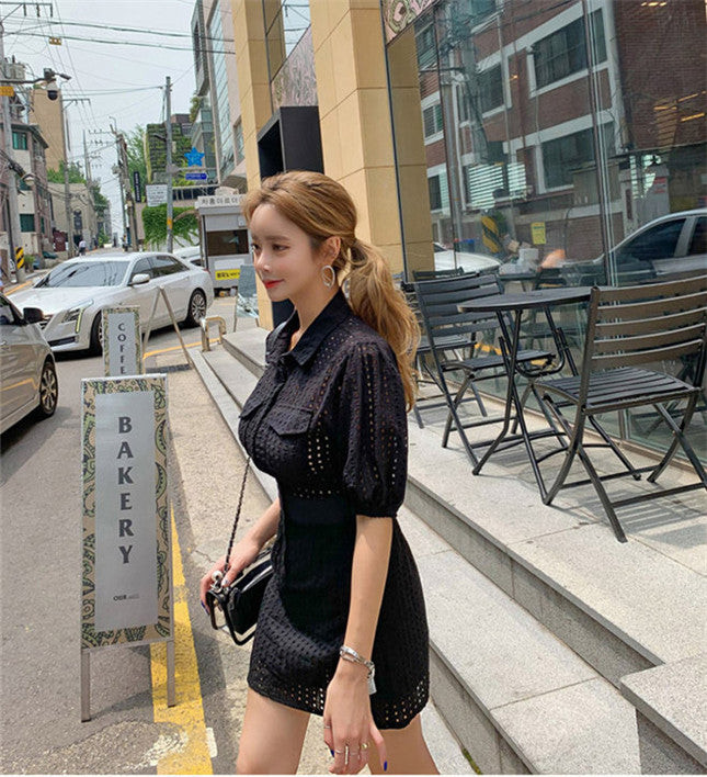 CM-DF072126 Women Casual Seoul Style Short Sleeve Hollow Out Backless Shirt Dress - Black