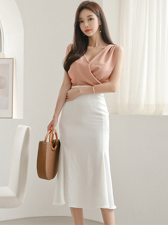 CM-SF072215 Women Elegant Seoul Style V-Neck Pleated Blouse With Fishtail Skirt - Set