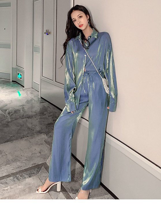 CM-SF072227 Women Seoul Style Dark Blue Loosen Blouse With Elastic Waist Split Long Pants - Set