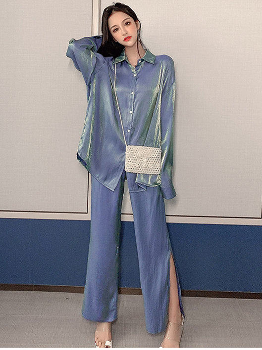 CM-SF072227 Women Seoul Style Dark Blue Loosen Blouse With Elastic Waist Split Long Pants - Set