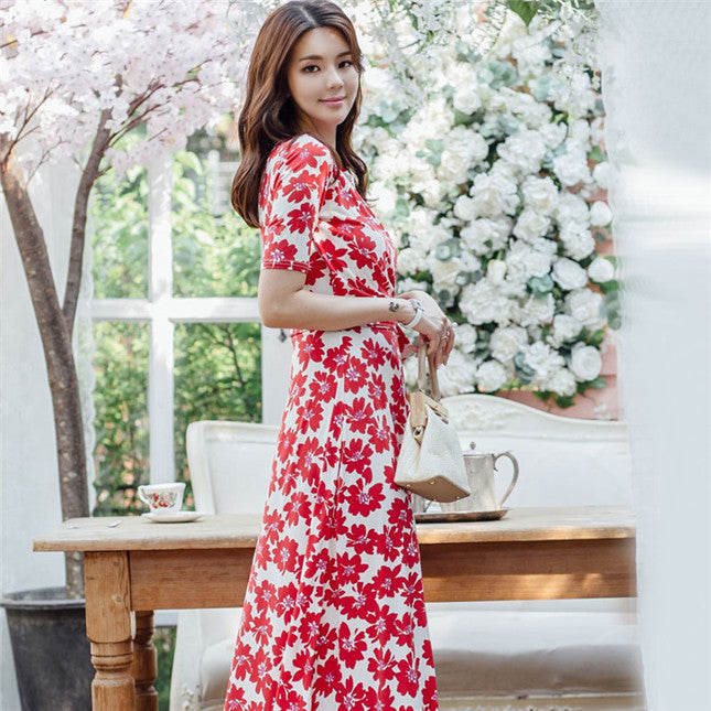CM-DF080218 Women Charming Seoul Style Short Sleeve Tie Waist Floral Split Long Dress