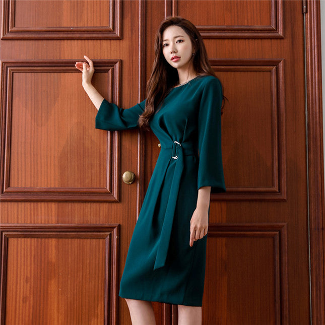 CM-DF080513 Women Casual Seoul Style Round Neck Tie Waist Long Sleeve Dress - Green