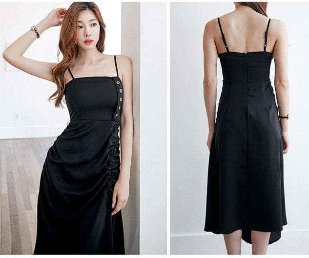 CM-DF080807 Women Casual Seoul Style Drawstring Single-Breasted Straps Long Dress - Black