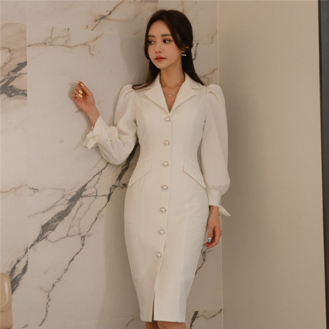 CM-DF081025 Women Elegant Seoul Style Pearls Single-Breasted Puff Sleeve Slim Dress - White