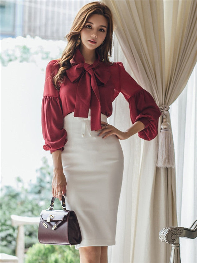 CM-SF081113 Women Elegant Seoul Style Tie Bowknot Collar Puff Sleeve Blouse With Skinny Skirt - Set
