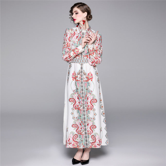 CM-DF081128 Women Casual European Style Shirt Collar High Waist Floral Maxi Dress - White