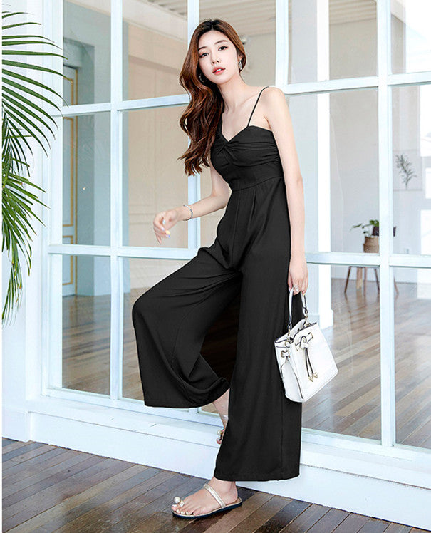 CM-JF081304 Women Casual Seoul Style Sleeveless High Waist Wide-Leg Straps Jumpsuit - Black