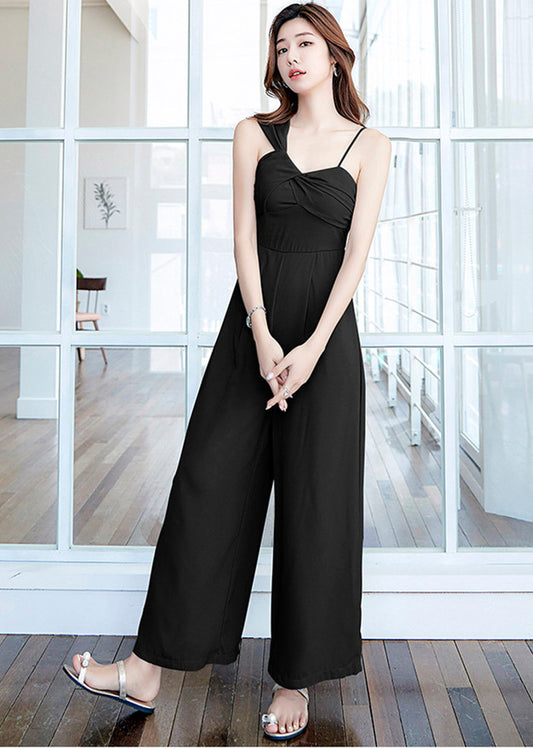 CM-JF081304 Women Casual Seoul Style Sleeveless High Waist Wide-Leg Straps Jumpsuit - Black