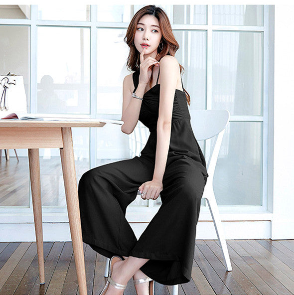 CM-JF081304 Women Casual Seoul Style Sleeveless High Waist Wide-Leg Straps Jumpsuit - Black