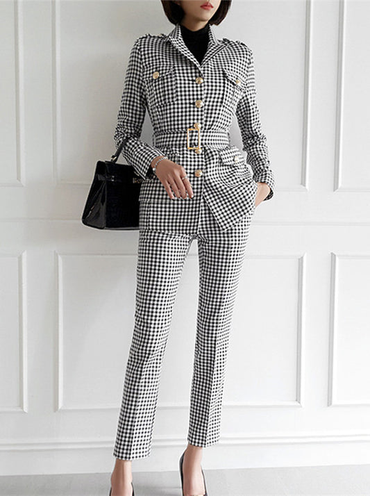 CM-SF082111 Women Elegant Seoul Style Single-Breasted Plaids Slim Leisure Suits - Set