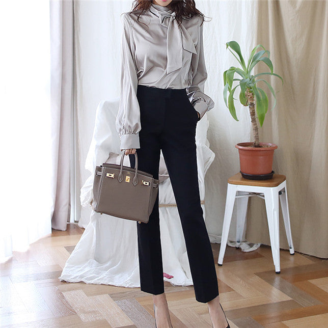 CM-SF082114 Women Elegant Seoul Style Bowknot Collar Blouse With Straight Long Pants - Set