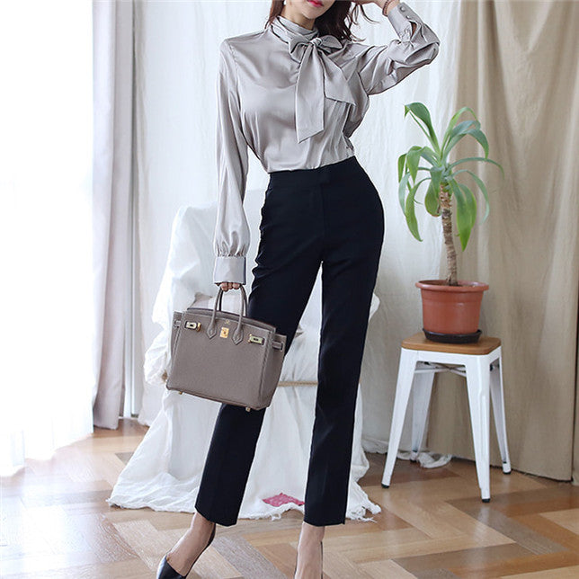 CM-SF082114 Women Elegant Seoul Style Bowknot Collar Blouse With Straight Long Pants - Set