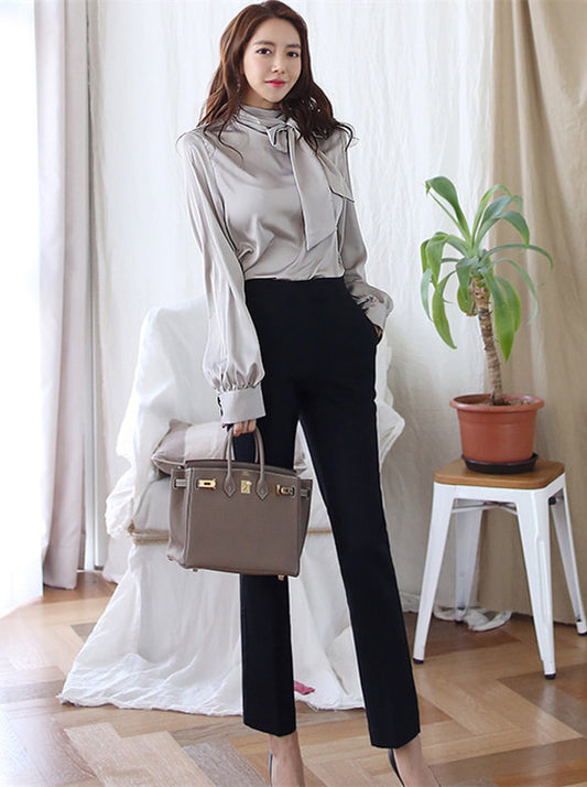 CM-SF082114 Women Elegant Seoul Style Bowknot Collar Blouse With Straight Long Pants - Set